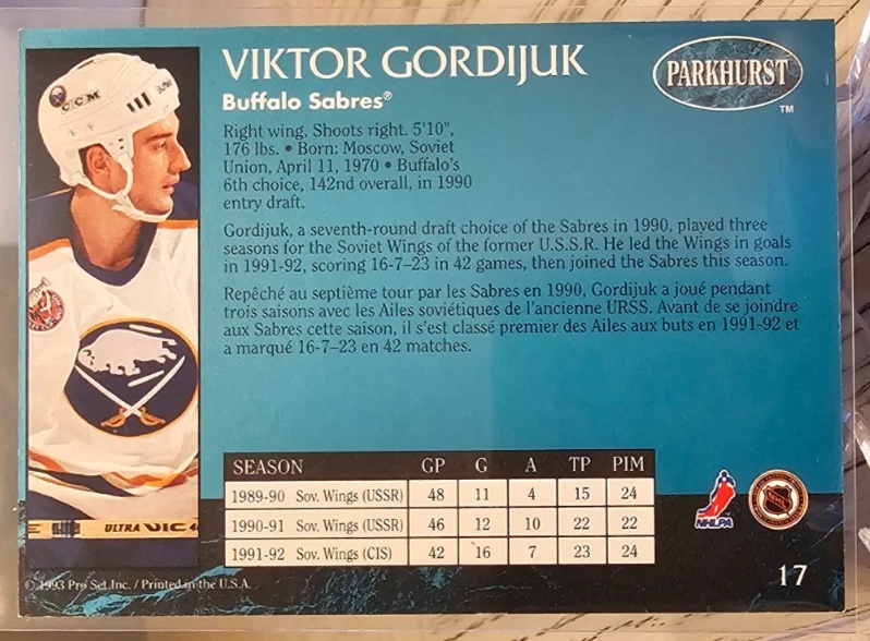 1992-93 Parkhurst Viktor Gordijuk #17 Buffalo Sabres - Image 2 of 2