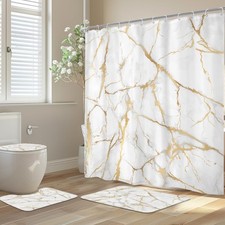 4Pcs White and Gold Marble Shower Curtain Set With Non-Slip Rugs, Toilet Lid ...
