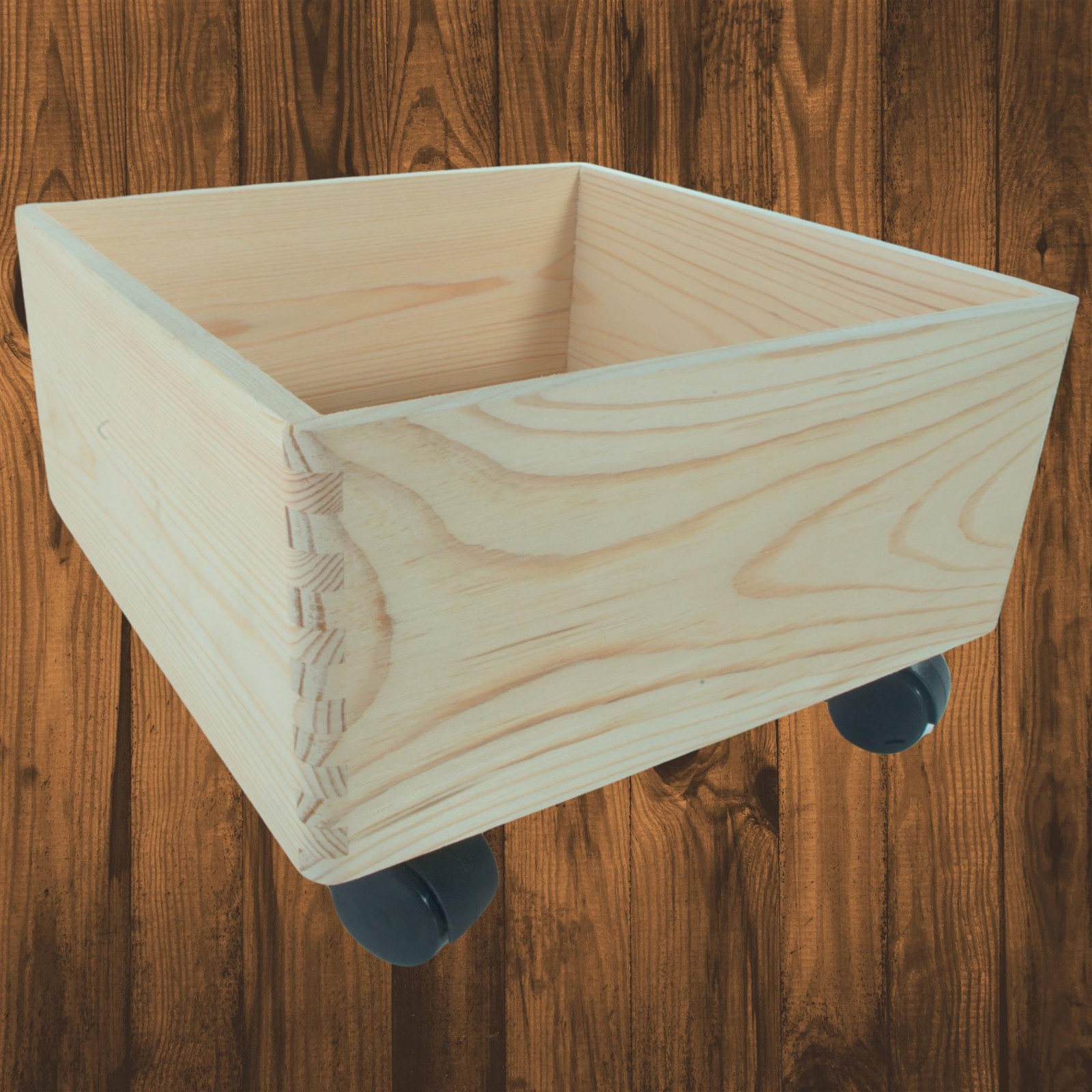 Square Wooden Crate on Wheels Stackable Pine Open Box Toy Pantry DIY 30x30x19cm