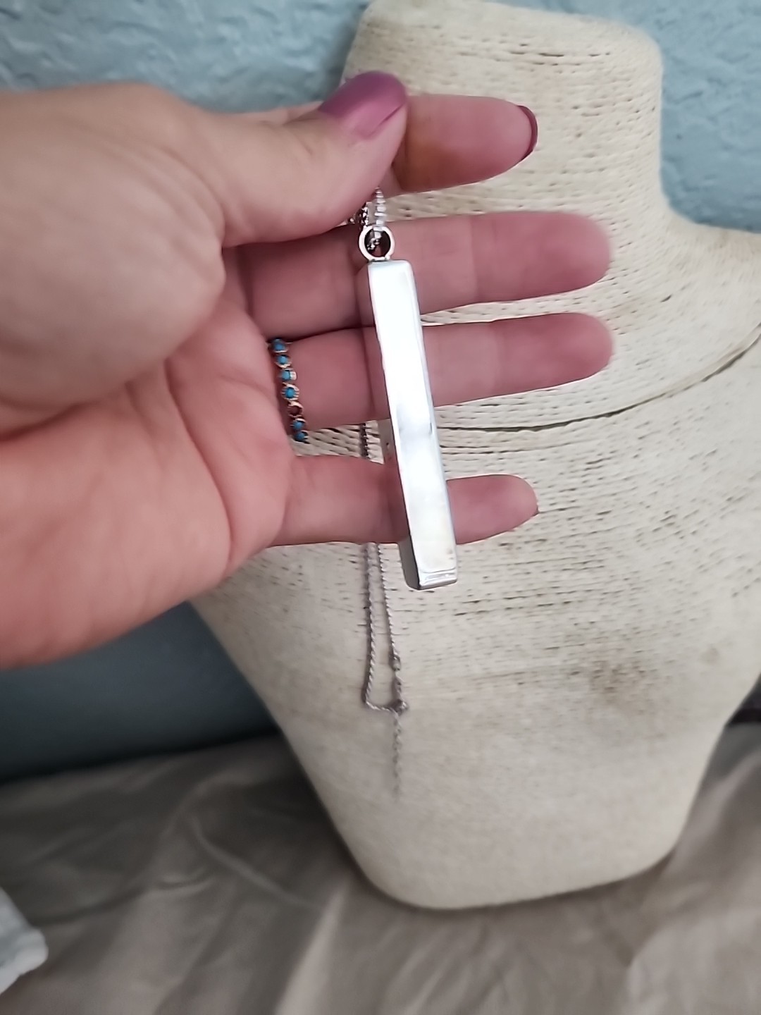 925S. Silver Turquoise Rectangular Bar Pendant Ne… - image 4