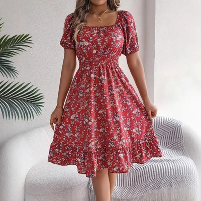 Robe Midi Col Carré À Volants Manches Bouffantes Évasée Florale Épaule Dénudée - Photo 1/4