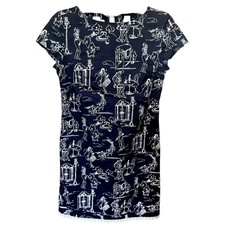 Talbots Graphic Print Midi Dress Women's 4 Navy White Cap Sleeve Ruffle Hem EUC
