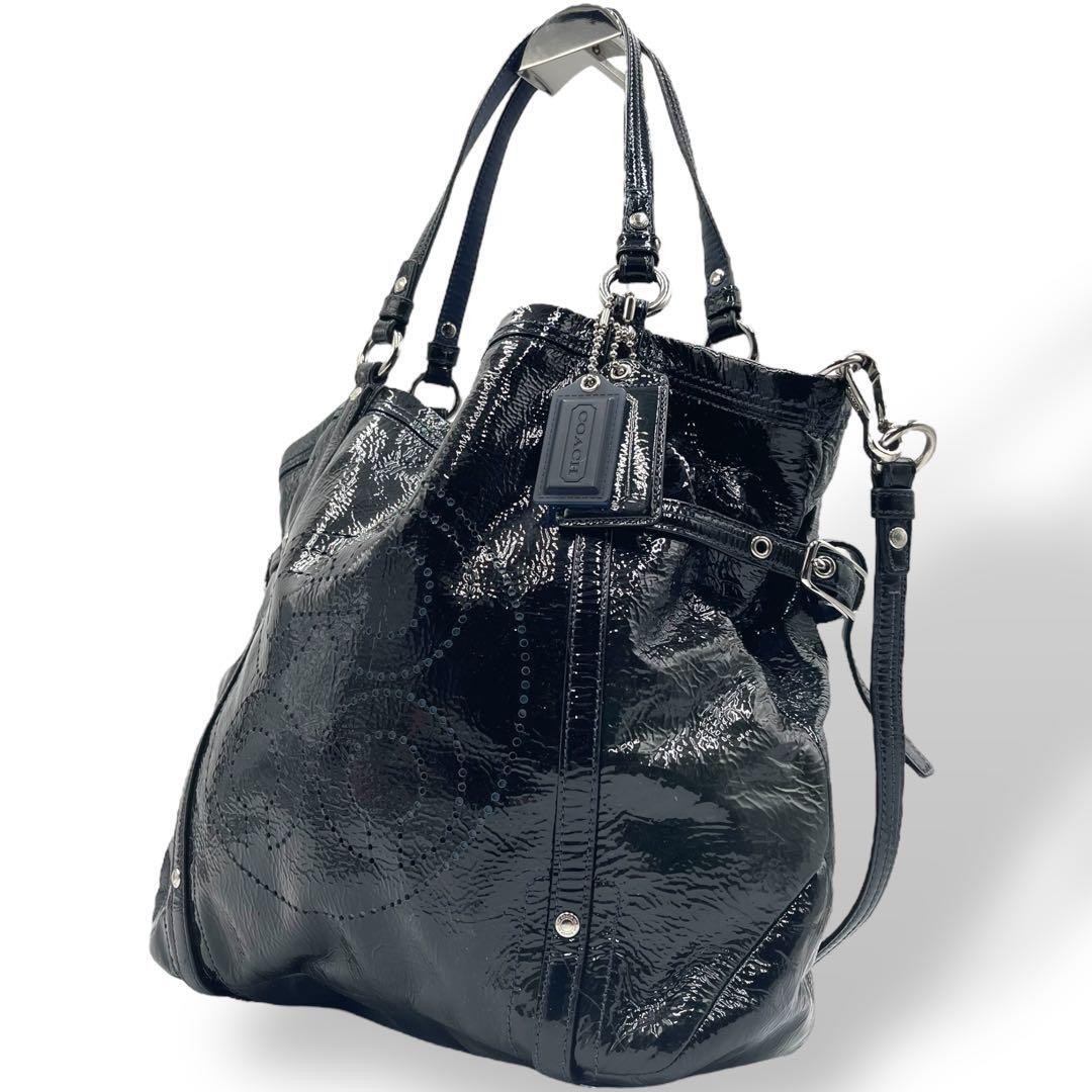 COACH Black Enamel 2WAY Shoulder Bag Large Capacity 17065