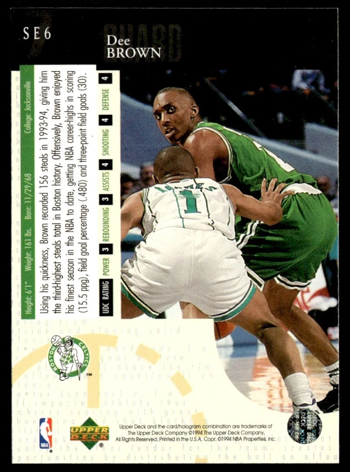 1994-95 Upper Deck Special Edition Dee Brown Boston Celtics #SE6 - Image 2 of 2