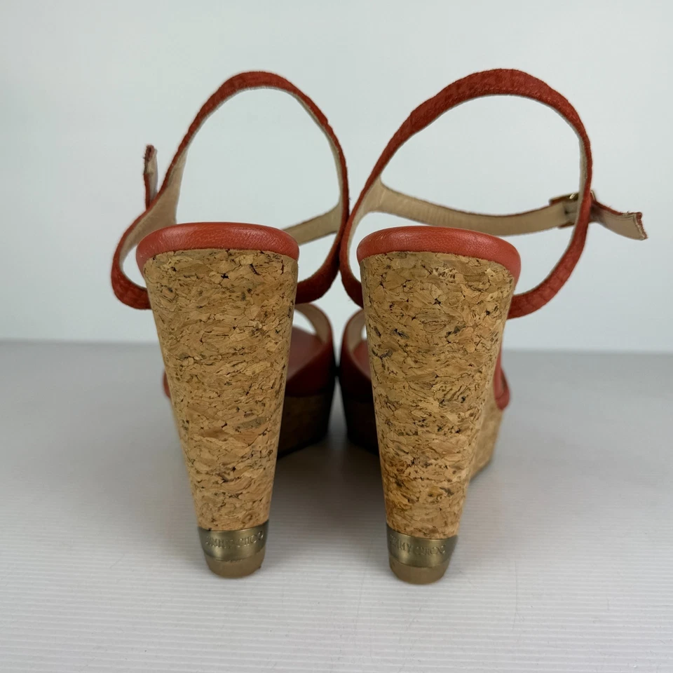 Sandalias de cuña Jimmy Choo para mujer 40 de cuero rojo 110 mm correa para el tobillo Foto 3 de 4