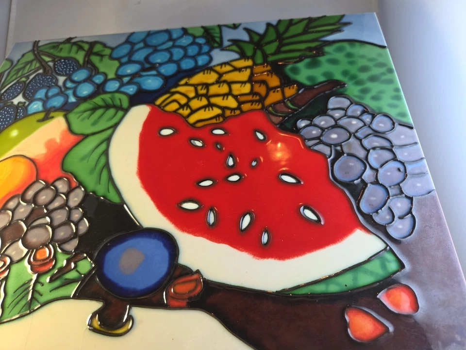 "Artesanal hecho a mano mosaico arte azulejo trabajo mezclado fruta melón y bayas 14""x11"" pesado" Foto 3 de 4