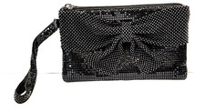 Black Metal Mesh Evening Clutch Wristlet Beaded Bow Details Zipper 7x4 Chic Glam