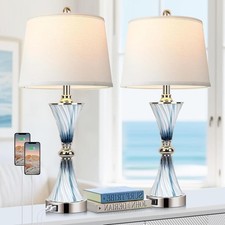 3-Way Dimmable Touch Glass Table Lamps for Bedrooms with 2 USB Ports Set of 2
