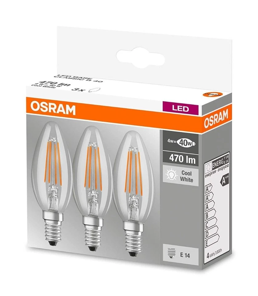 Osram LED Filament Bulb Candles 4W = 40W E14 Clear Neutral White 4000K - 3pack - Image 2 of 4