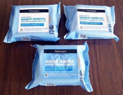 Lot of 3 Neutrogena Makeup Remover Ultra-Soft Cleansing Towelettes, 25 Ct each