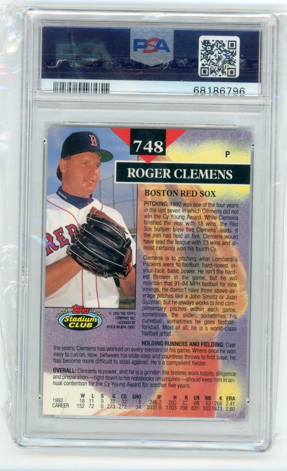 1993 Stadium Club  1st Day Production Roger clemens Card # 748  PSA 6 - Image 2 of 2