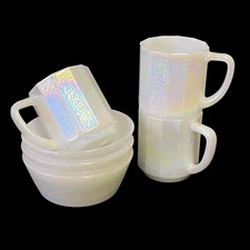 Federal Glass Milk White Iridescent Opalescent Textured 3 Bowl 3 Stackable Cup