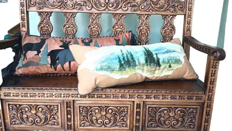 Pair Leather Pillows with Fringed Deer & Hand Painted Mountain Scenes - Image 3 of 4