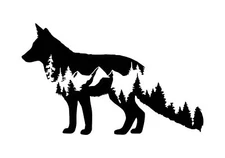 Vinyl Decal for Window - Wolf/ Fox with Mountain Scape, Various Sizes & Colors