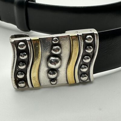CHICO\'S Genuine Leather Belt Black Silver Hook Buckle Elastic Waist Medium Large Chico main image 3