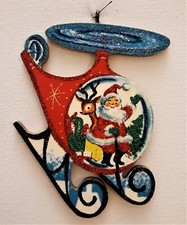 SANTA CLAUS & REINDEER in HELICOPTER * Glitter CHRISTMAS ORNAMENT Vtg Img