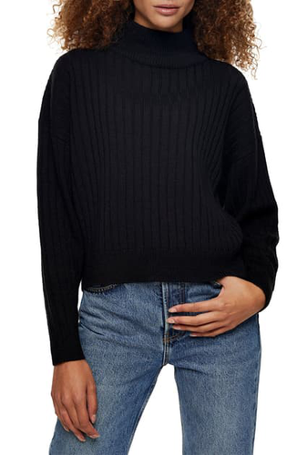 Rib Knit Turtleneck Sweater in Black XS 