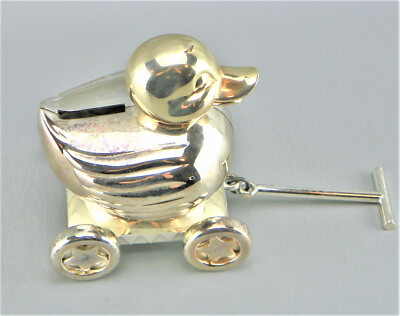 Reed Barton Silver Plated Nursery Duck On Cart Wheels