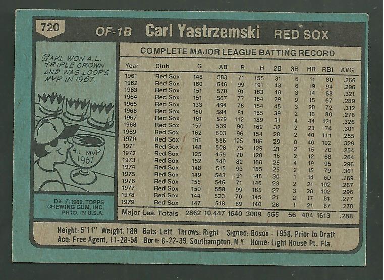 1980 Topps #720 Carl Yastrzemski AL All Star Baseball Card MLB