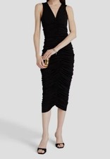 $495 Halston Women's Black Ruched Sleeveless Midi V-Neck Sheath Dress Size 6
