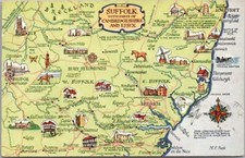 Vintage 1949 SUFFOLK England UK Postcard MAP "Parts of Cambridgeshire & Essex"