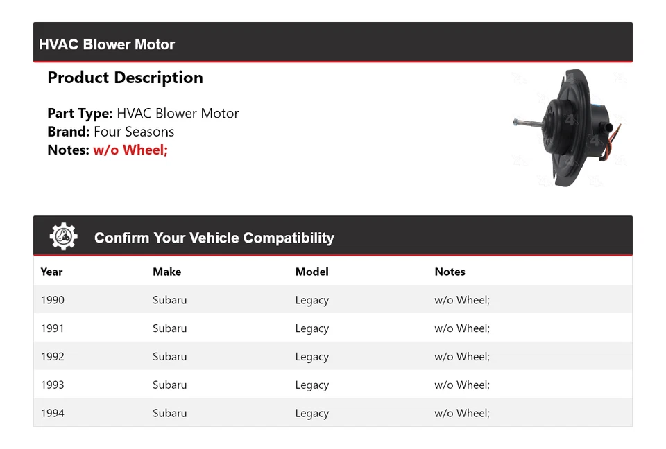 For 1990-1994 Subaru Legacy HVAC Blower Motor 4 Seasons 1991 1992 1993 - Image 2 of 4