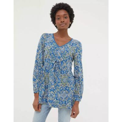 Fat Face Blue Tie-Waist V-Neck Gina Aztec Texture Tunic Women 14 XL 1X Oversized