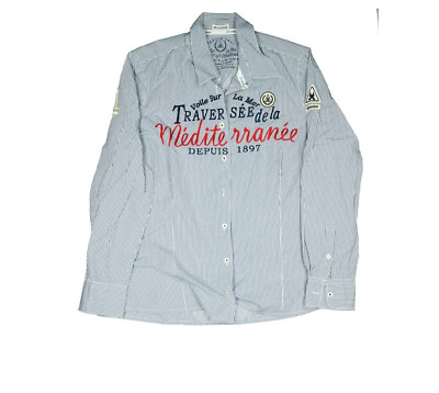 Gaastra Med. Voyage Womens Blouse Shirt Long Sleeve Sz M L White Blue Plaid Embroidery