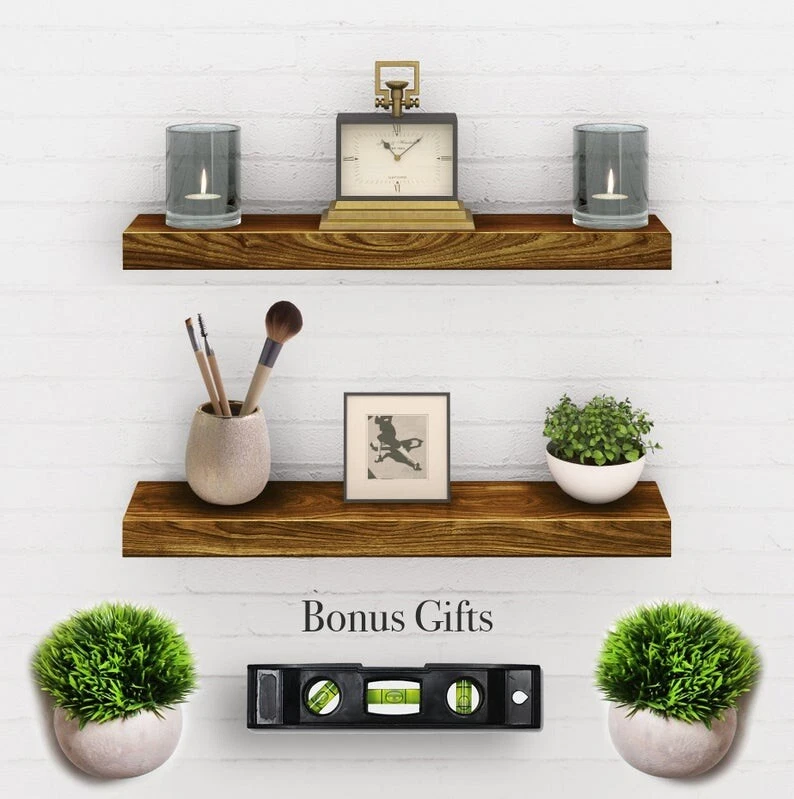 Set of 2 Floating Shelves - Real Wood Wall Hanging Mounted Shelf - Complete Kit
