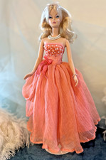 Coral Pink Silk Chiffon doll dress Evening gown 4 Silkstone Barbie Beading