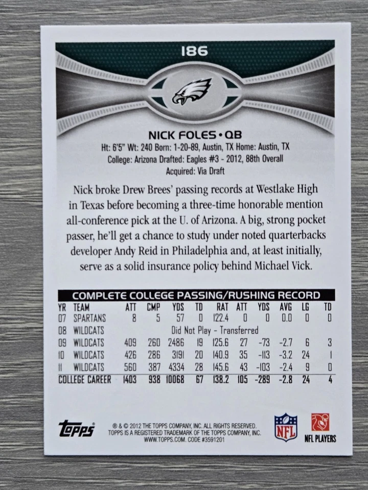 NICK FOLES RC 2012 TOPPS EAGLES - Image 2 of 2