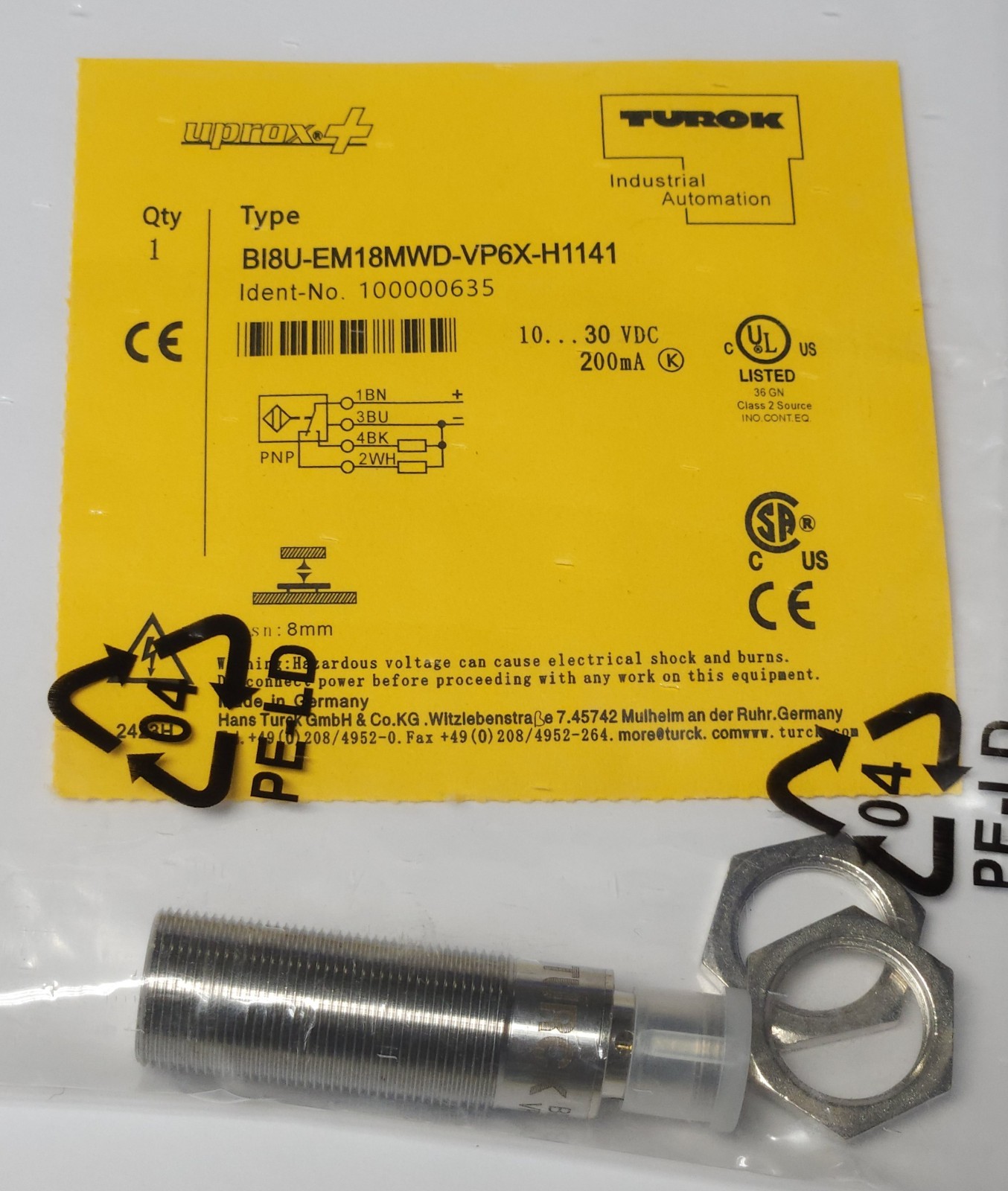 TURCK OEM BI8U EM18MWD VP6X H1141 UPROX+ 10-30 VDC Proximity Sensor 200mA
