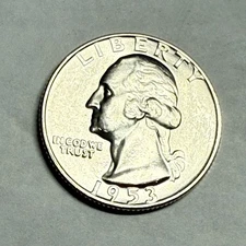 1953D WASHINGTON 90% silver quarter dollar. Satiny white very choice-gem BU. #q1