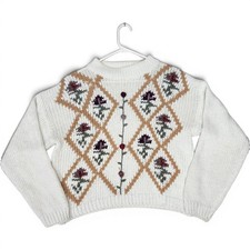 Vintage 80s Hand Knit Floral Sweater Cream Diamond Argyle 3D Flowers Large