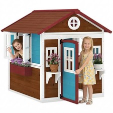 Outsunny Wooden Playhouse with Doors, Wooden, Plant Pots for Kids - Dark Brown