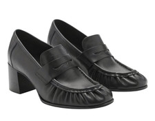 NEW MANGO MNG BLACK PEONZA LEATHER GATHERED PLEATED LOAFERS SHOES SZ 38 US 7.5