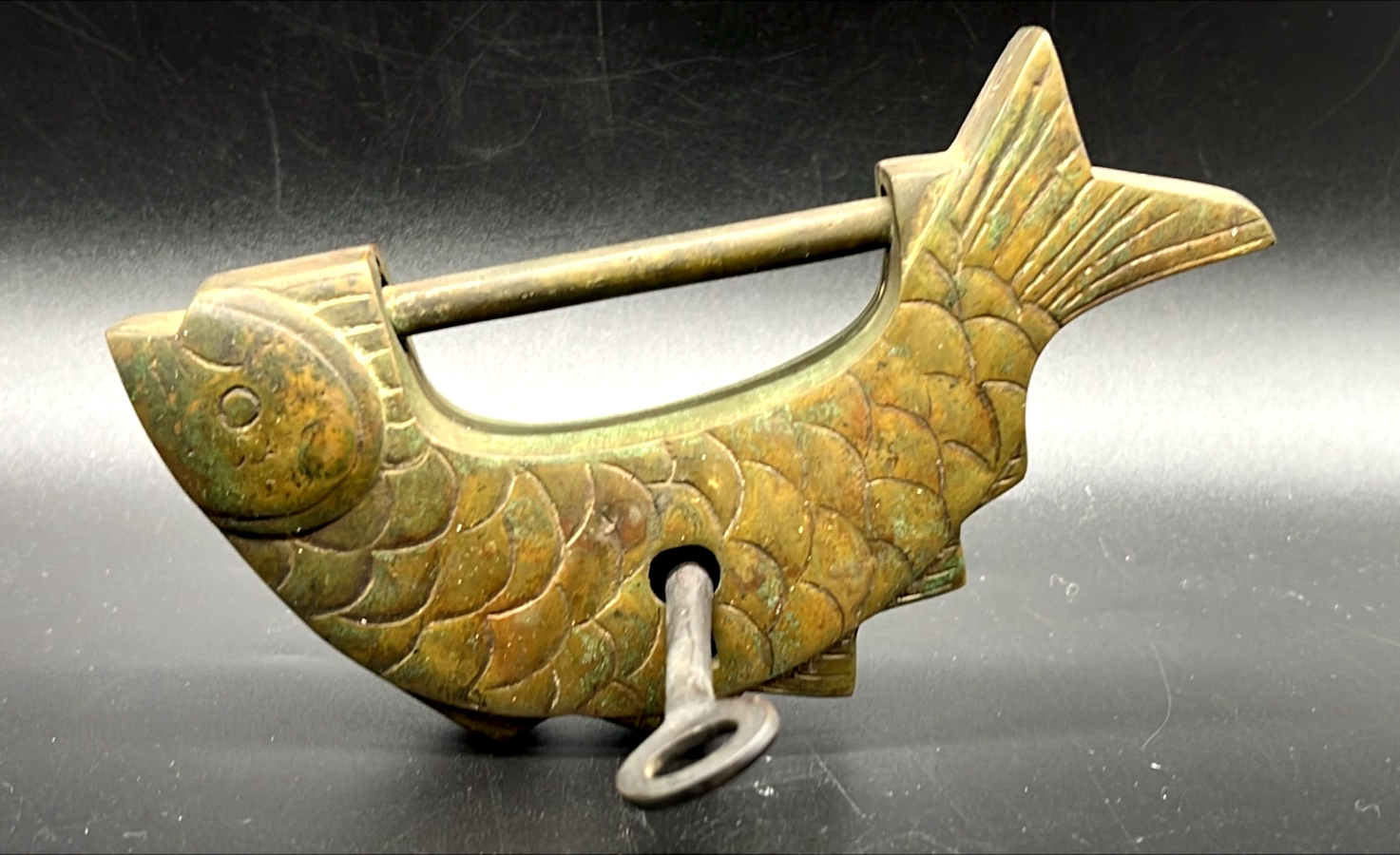 Antique Vintage Chinese Brass Koi Carp Fish Lock with Key Rare large size 6 3/4