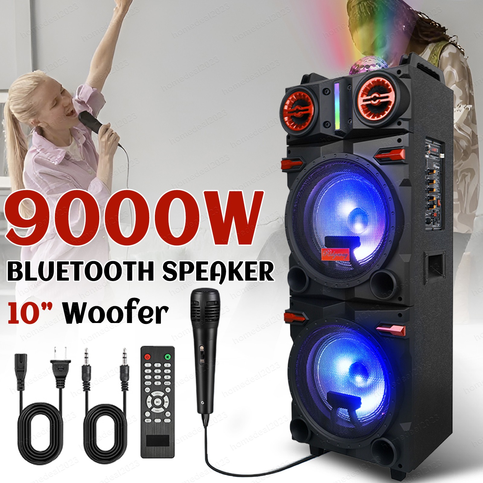 9000W Dual 10'' Bluetooth Speaker Subwoofer Heavy Bass Sound System Party w/ Mic