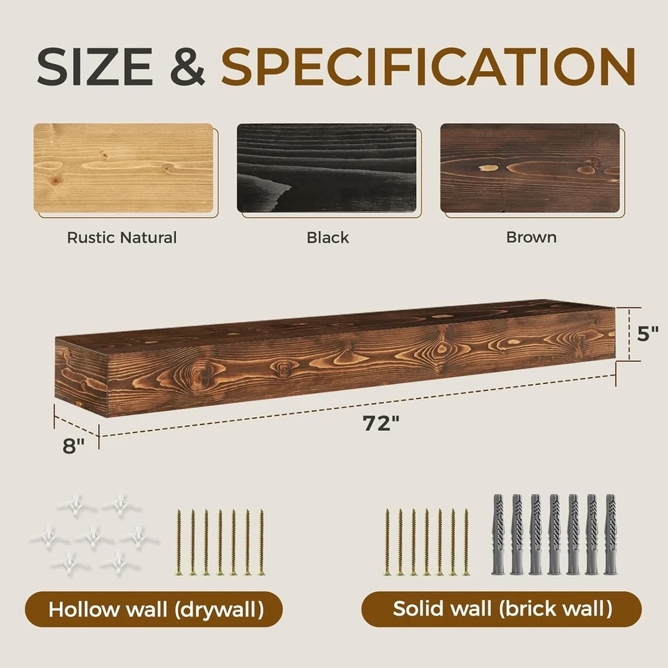 YLYHSST 72" FIREPLACE MANTEL 5'' THICK HANDMADE HOLLOW SOLID WOOD WALL FLOATING - Image 2 of 4