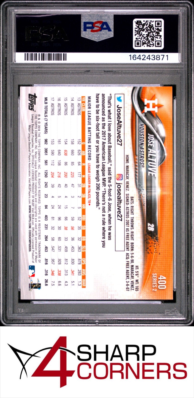 2018 TOPPS #400 JOSE ALTUVE ASTROS PSA 10 view 2