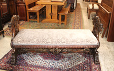 French Antique Carved Walnut Renaissance Bench / Refinished & New Upholstery