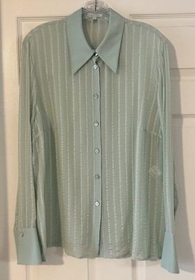 Escada Women s Light Blue Sheer Silk Collared Button-Up Blouse 46