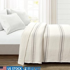 Farmhouse Stripe Kantha Woven Cotton Quilt Lightweight Cozy Bedding Decor New