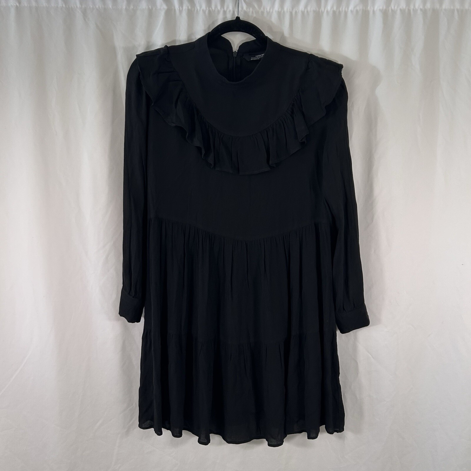 Zara Women Knee Length Dress Women's Small Black Semi-Sheer Long Sleeve Zip Back