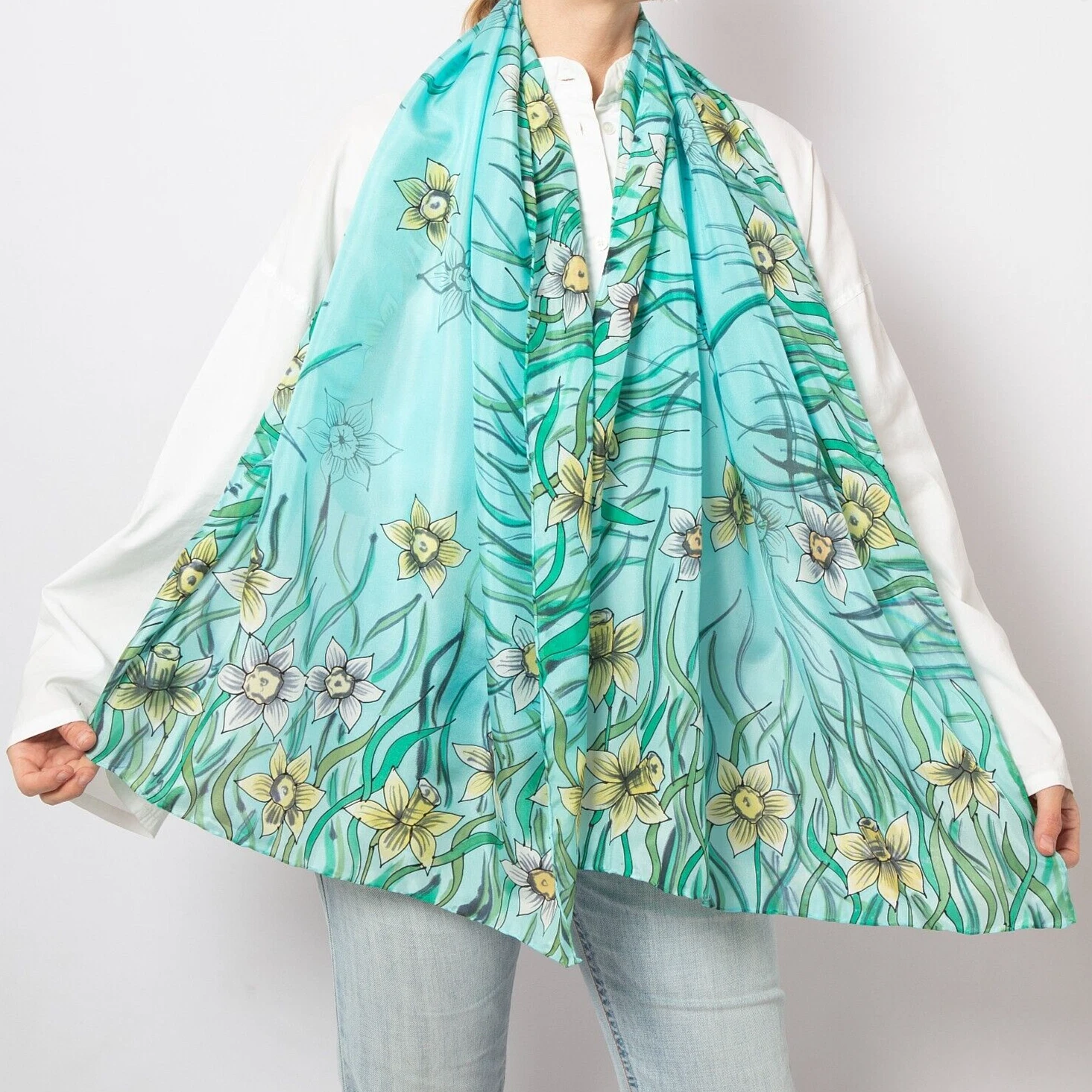Daffodil Scarf Hand Painted Pure Silk Scarf Light Blue Scarf Mother Gift 67X24