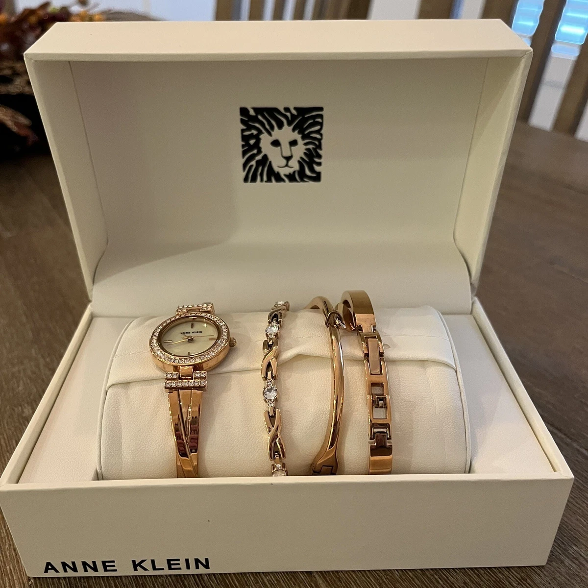 Anne klein rose goldtone cheap crystal bangle and watch set