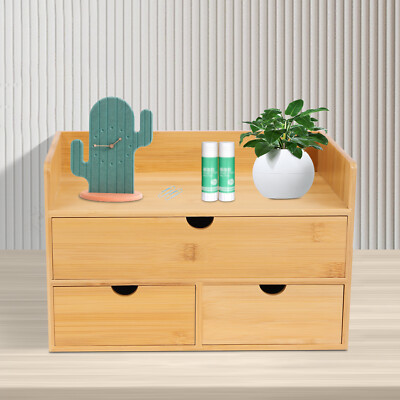 Bamboo Desk Organizer with 3 Drawers Tabletop Cosmetic Storage Simple Design NEW