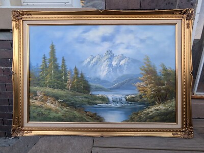Blue Sky Mountain Waterfall River Landscape Oil On Canvas, Signed Cole