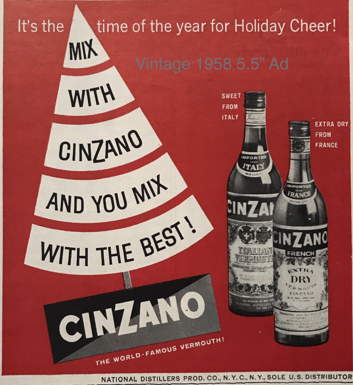 1958 AD ART CINZANO Vermouth Christmas Tree Cheer Holiday 5” Vintage AD Art