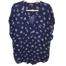 Torrid Womens 3X Navy Blue Camera Fun Print Short Sleeve Handkerchief Blouse